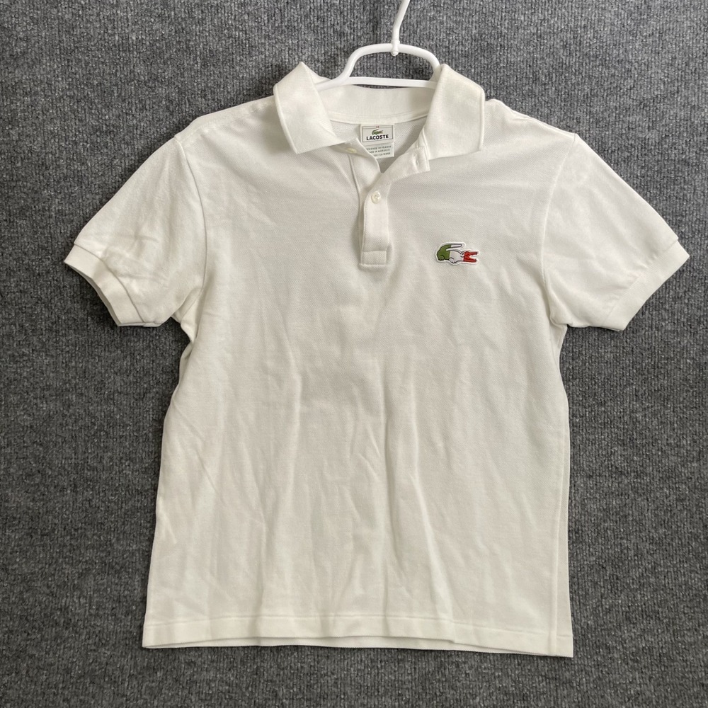 Lacoste Big Croc Pique Polo Shirt Boys Sz 14 White Short Sleeve Logo Oversized